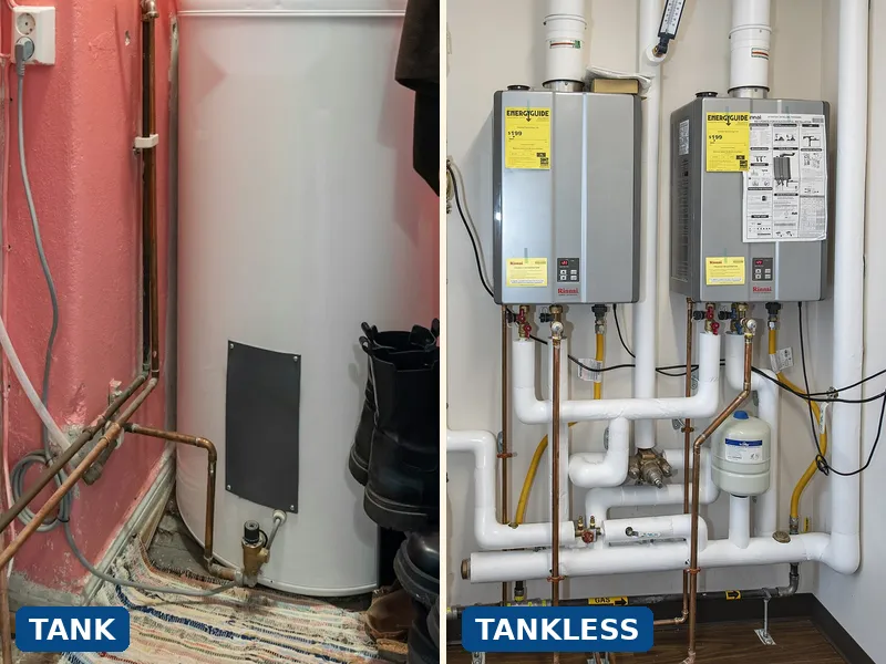Tank water heater (left) and tankless water heaters (right)